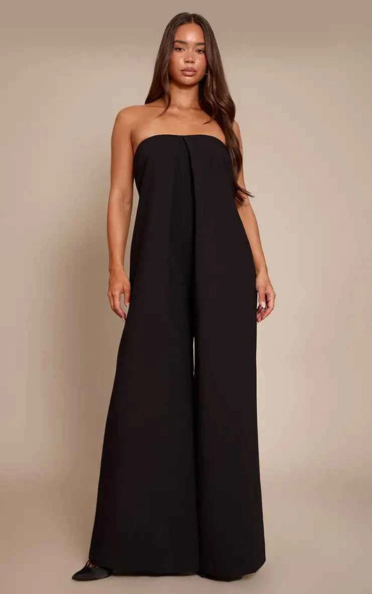 PLT Label Black Pleat Detail Bandeau Wide Leg Jumpsuit