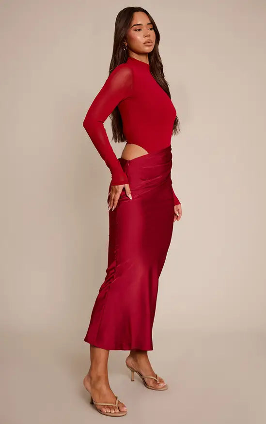 Plt - Wine Mesh Long Sleeve Draped Maxi Dress