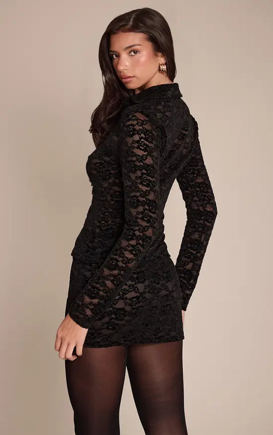 Plt - Black Lace Velvet Plunge Fitted Shirt Co-ord