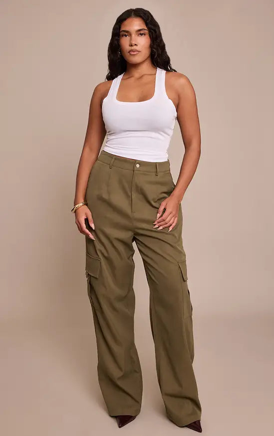 Plt - Shape Khaki Buckle Cargo Wide Leg Trousers