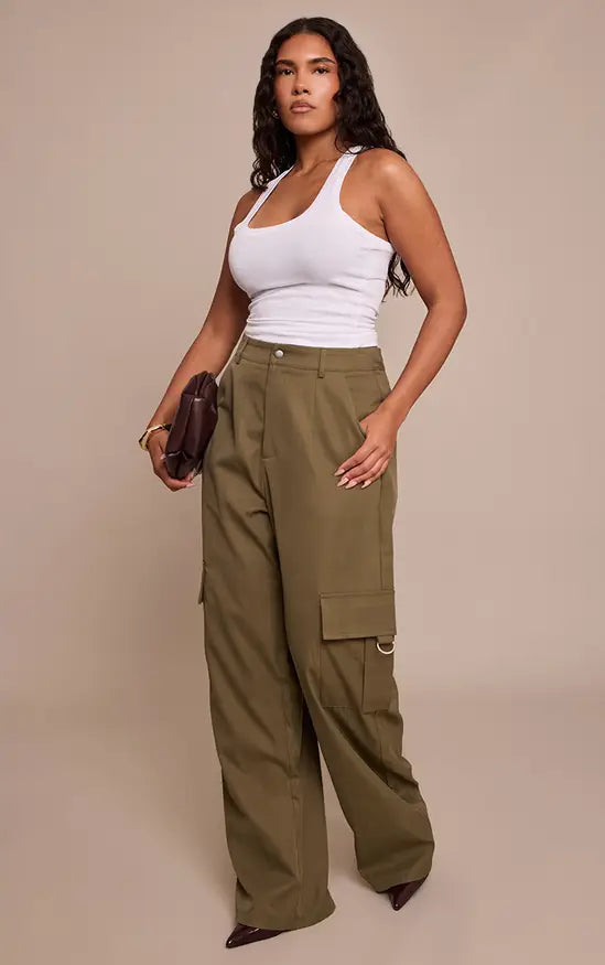 Plt - Shape Khaki Buckle Cargo Wide Leg Trousers
