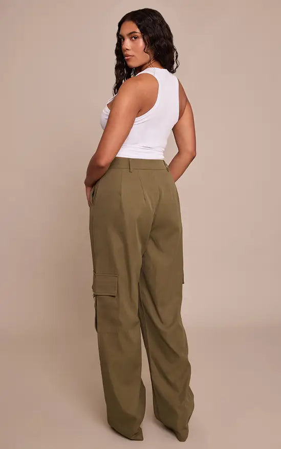 Plt - Shape Khaki Buckle Cargo Wide Leg Trousers