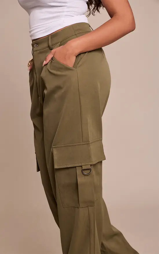 Plt - Shape Khaki Buckle Cargo Wide Leg Trousers