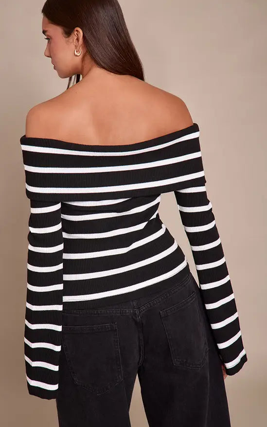 Plt - Monochrome Stripe Rib Bardot Slouchy Long Sleeve Top