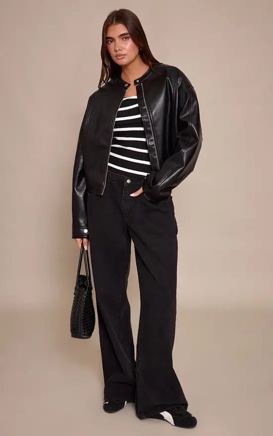 Plt - Monochrome Stripe Rib Bardot Slouchy Long Sleeve Top