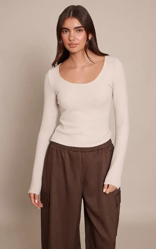 Plt - Cream Wool Knit Look Scoop Neck Long Sleeve Top