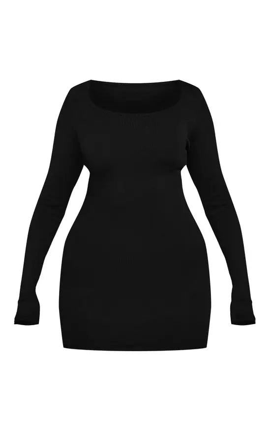 Plt - Shape Black Scoop Neck Long Sleeve Knitted Mini Dress