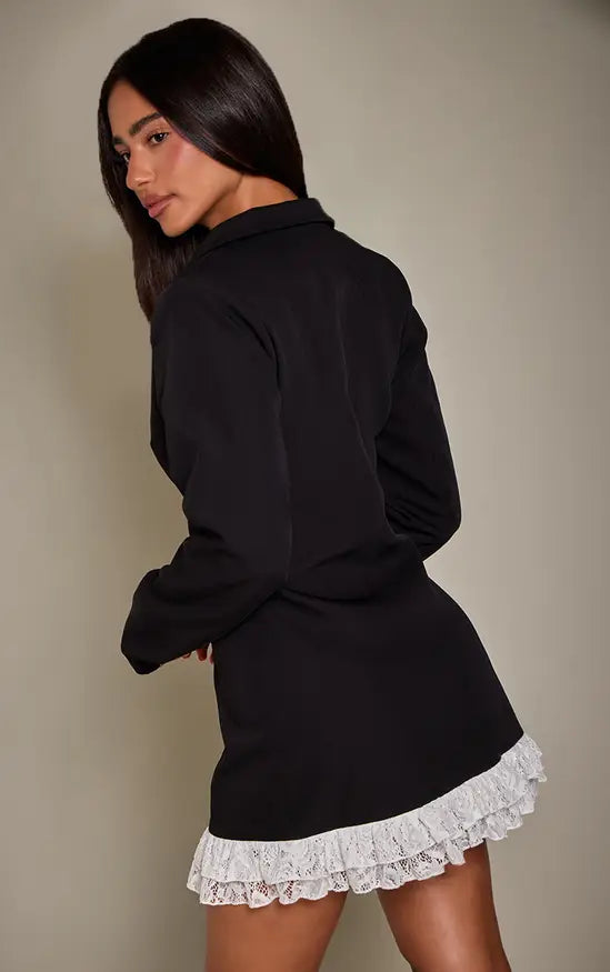 Plt - Black Woven Tailored Frill Contrast Blazer Dress