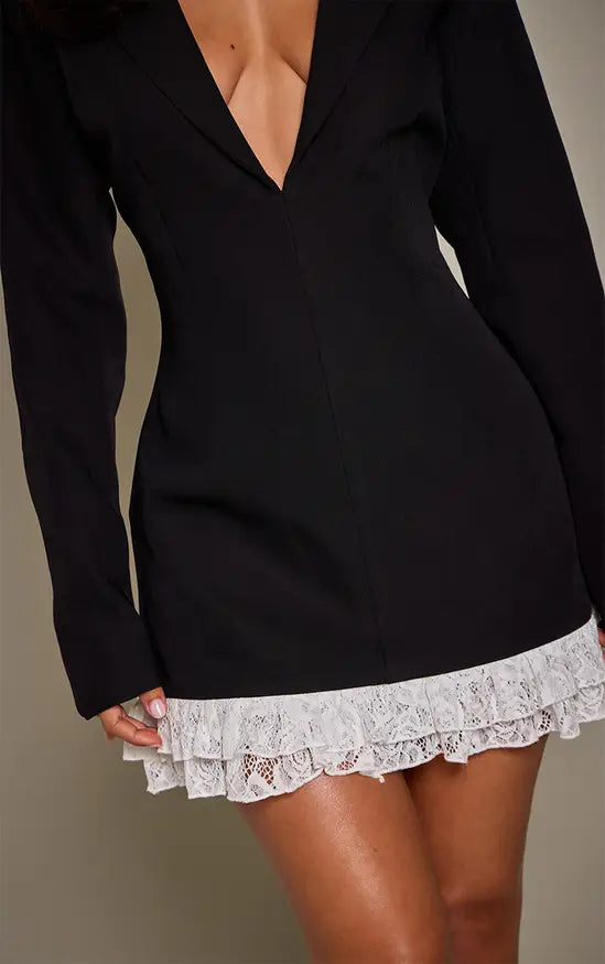 Plt - Black Woven Tailored Frill Contrast Blazer Dress