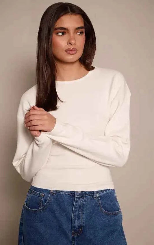 Plt - Cream Cocoon Sleeve Cinched Long Sleeve T Shirt