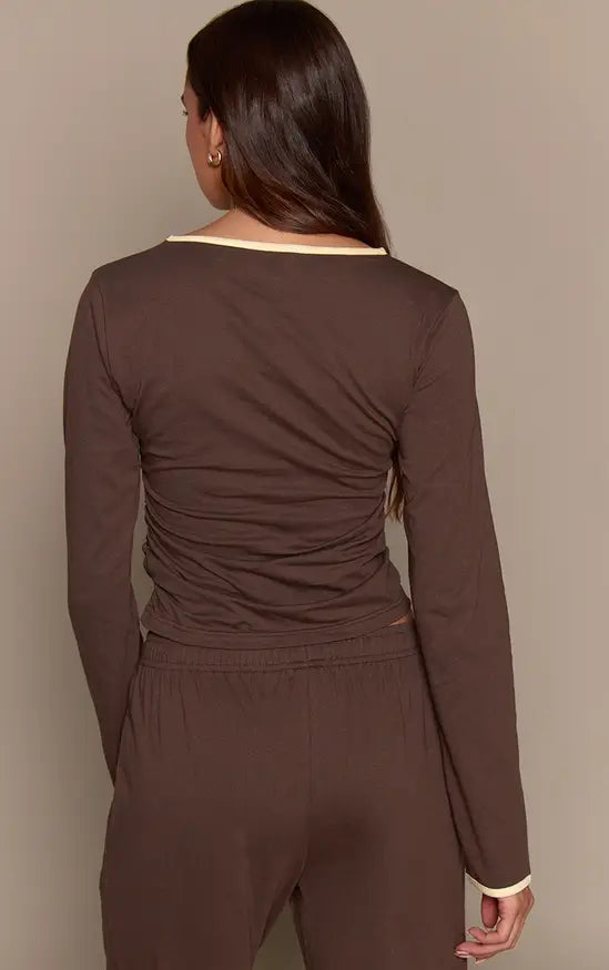 Plt Chocolate Cotton Contrast Cuff Long Sleeve Top