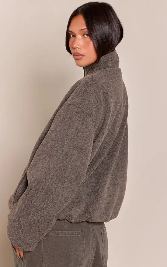 Plt - Charcoal Funnel Neck Ruched Sleeve Wool Bomber