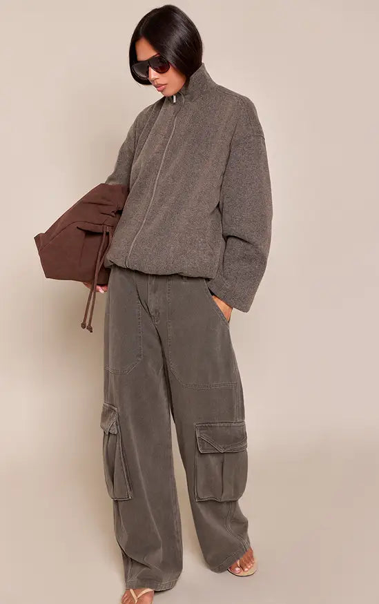 Plt - Charcoal Funnel Neck Ruched Sleeve Wool Bomber