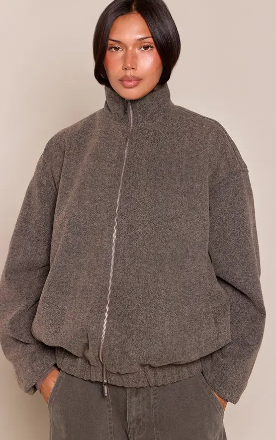 Plt - Charcoal Funnel Neck Ruched Sleeve Wool Bomber
