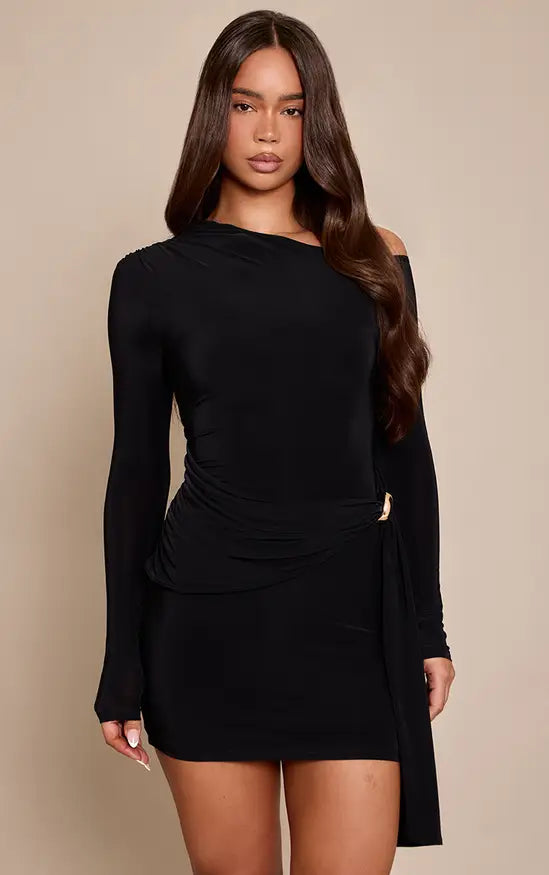 Plt - Black Slinky Trim Detail Wrap Long Sleeve Mini Dress