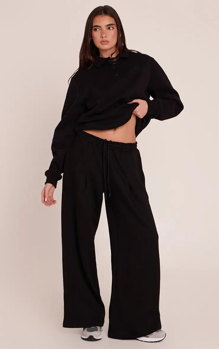 Plt - Black Pleat Detail Extreme Wide Leg Joggers