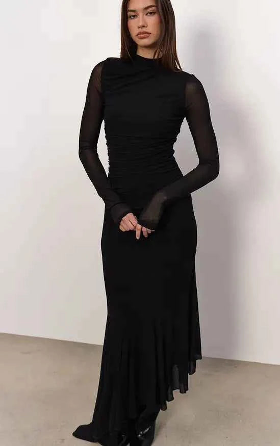 Black Mesh Long Sleeve High Neck Ruched Maxi Dress