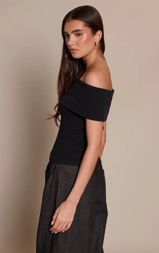 Plt - Basic Black Contour Rib Fold Over Bardot Detail Long Top