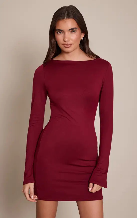 Plt - Wine Soft Touch Jersey Long Sleeve Bodycon Dress