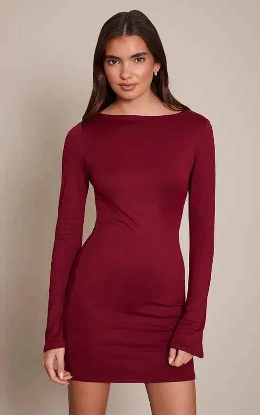 Plt - Wine Soft Touch Jersey Long Sleeve Bodycon Dress