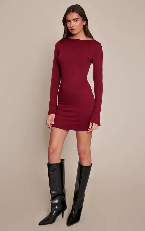 Plt - Wine Soft Touch Jersey Long Sleeve Bodycon Dress