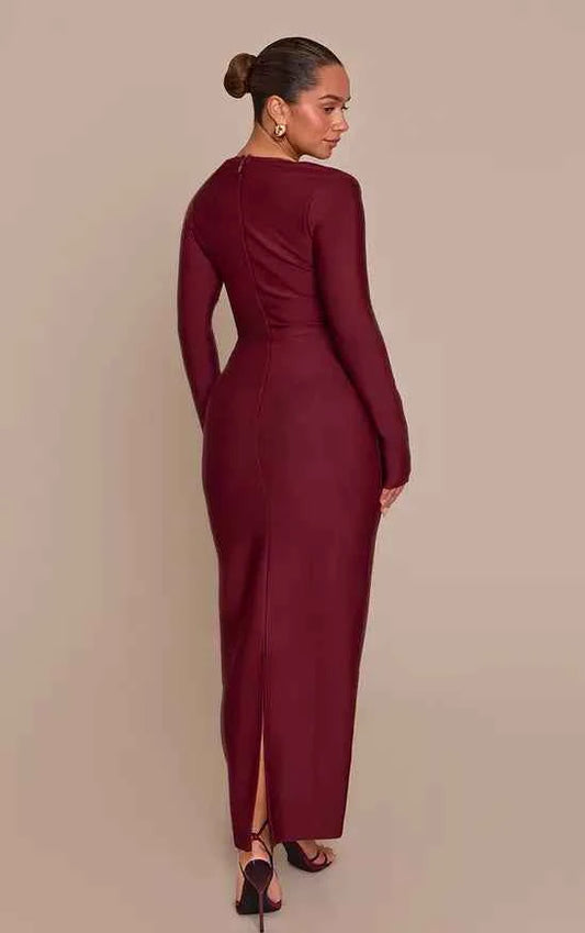 PLT - Shape Wine Bandage Long Sleeve Corset Maxi Dress