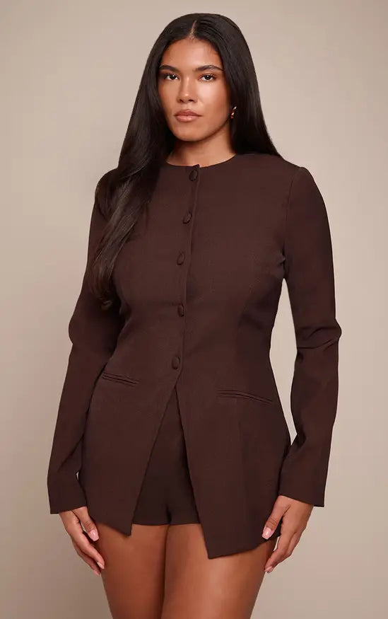 PLT - Shape Dark Chocolate Button Front Blazer Playsuit