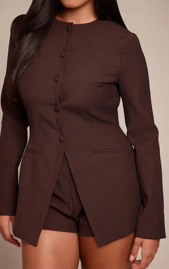 PLT - Shape Dark Chocolate Button Front Blazer Playsuit