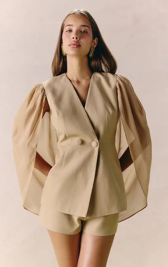 Sand Woven Plunge Chiffon Cape Cowl Back Blazer Co-ord