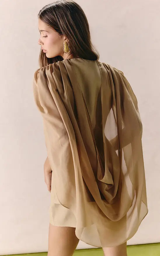 Sand Woven Plunge Chiffon Cape Cowl Back Blazer Co-ord