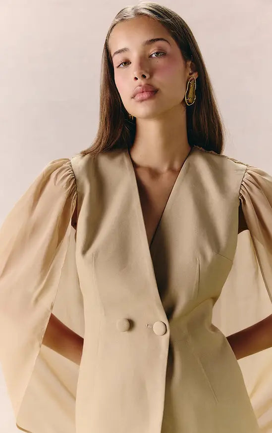 Sand Woven Plunge Chiffon Cape Cowl Back Blazer Co-ord