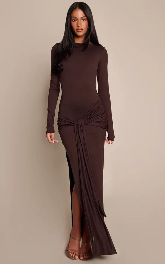 Plt - Tall Chocolate Soft Touch Boat Neck Wrap Detail Maxi Dress