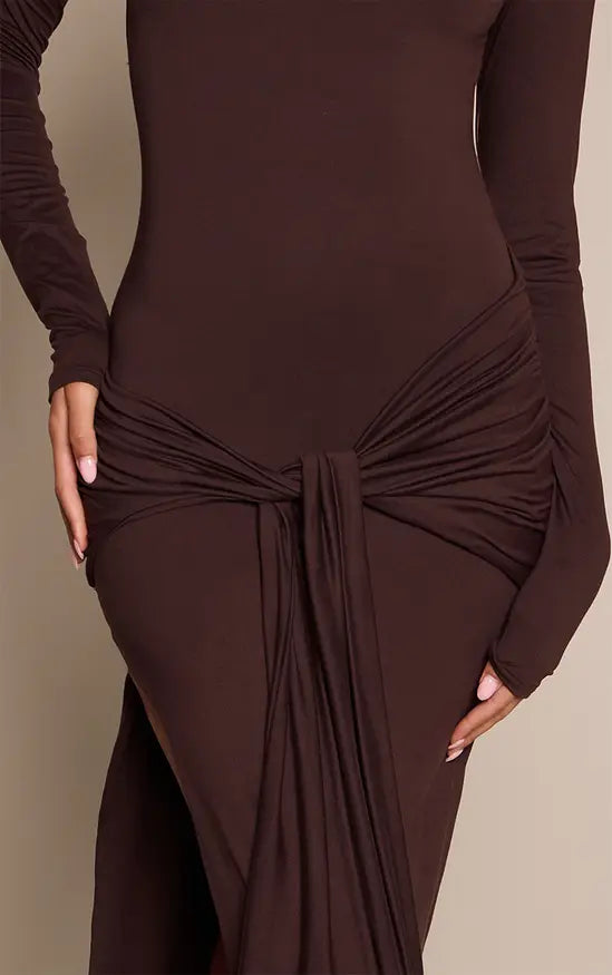 Plt - Tall Chocolate Soft Touch Boat Neck Wrap Detail Maxi Dress