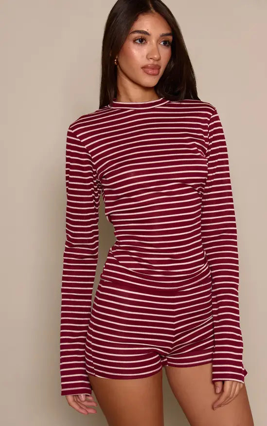 Plt - Stripe Ribbed High Neck Long Sleeve Top