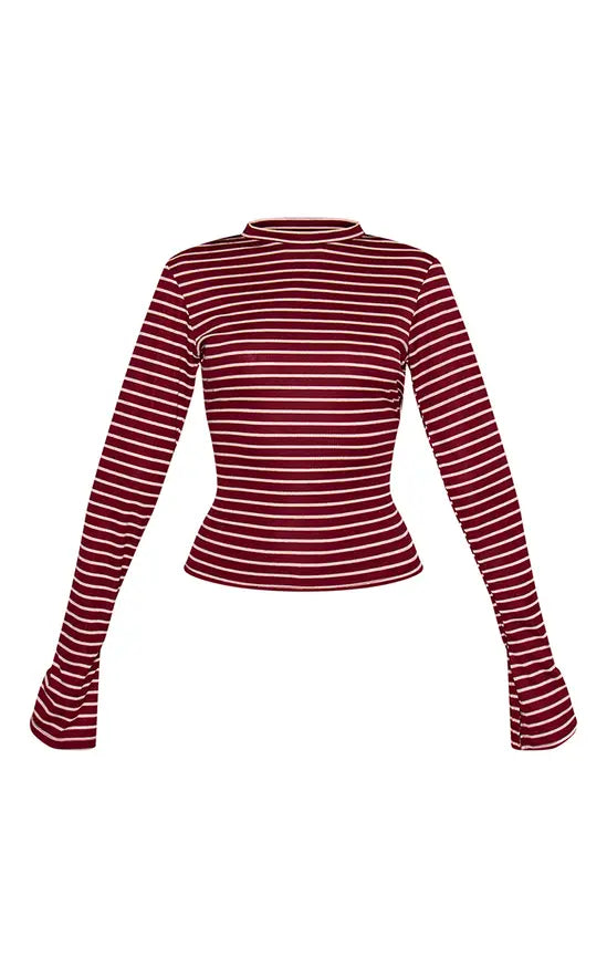 Plt - Stripe Ribbed High Neck Long Sleeve Top