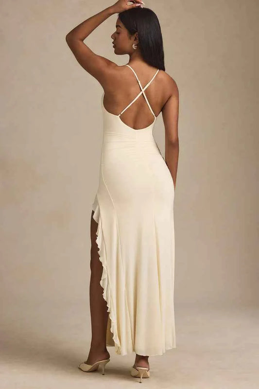 Ohpolly - Ruched Ruffle-Trim Maxi Dress in Ivory