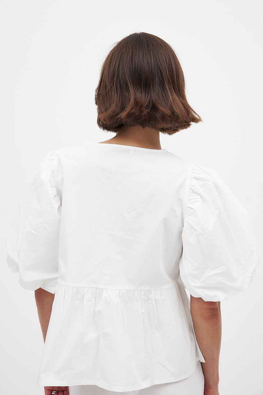 Cotton Puff Sleeve Tie Front Blouse