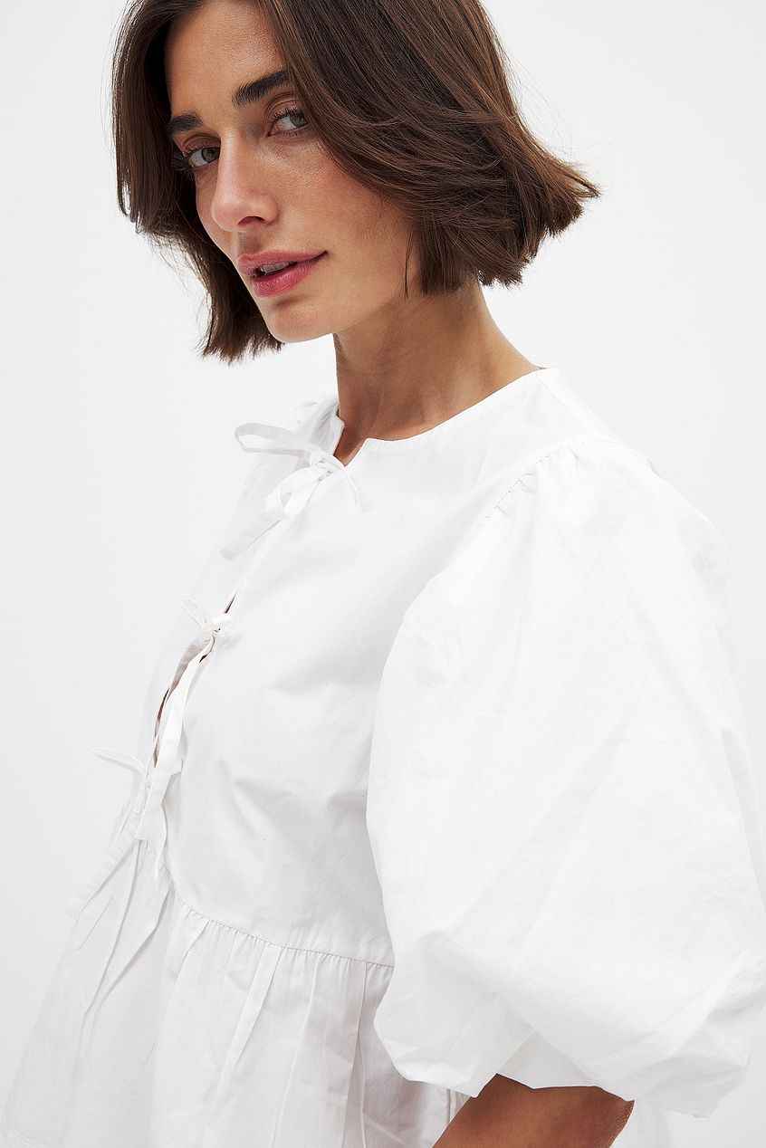 Cotton Puff Sleeve Tie Front Blouse
