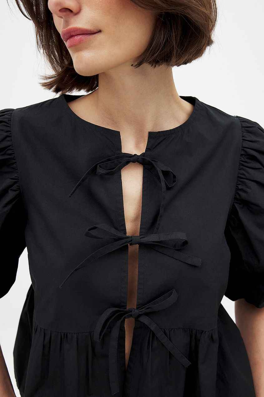 Na-kd - Cotton Puff Sleeve Tie Front Blouse