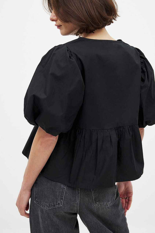 Na-kd - Cotton Puff Sleeve Tie Front Blouse