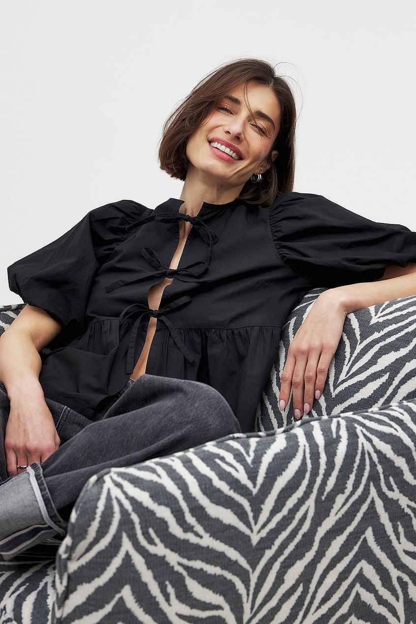 Na-kd - Cotton Puff Sleeve Tie Front Blouse