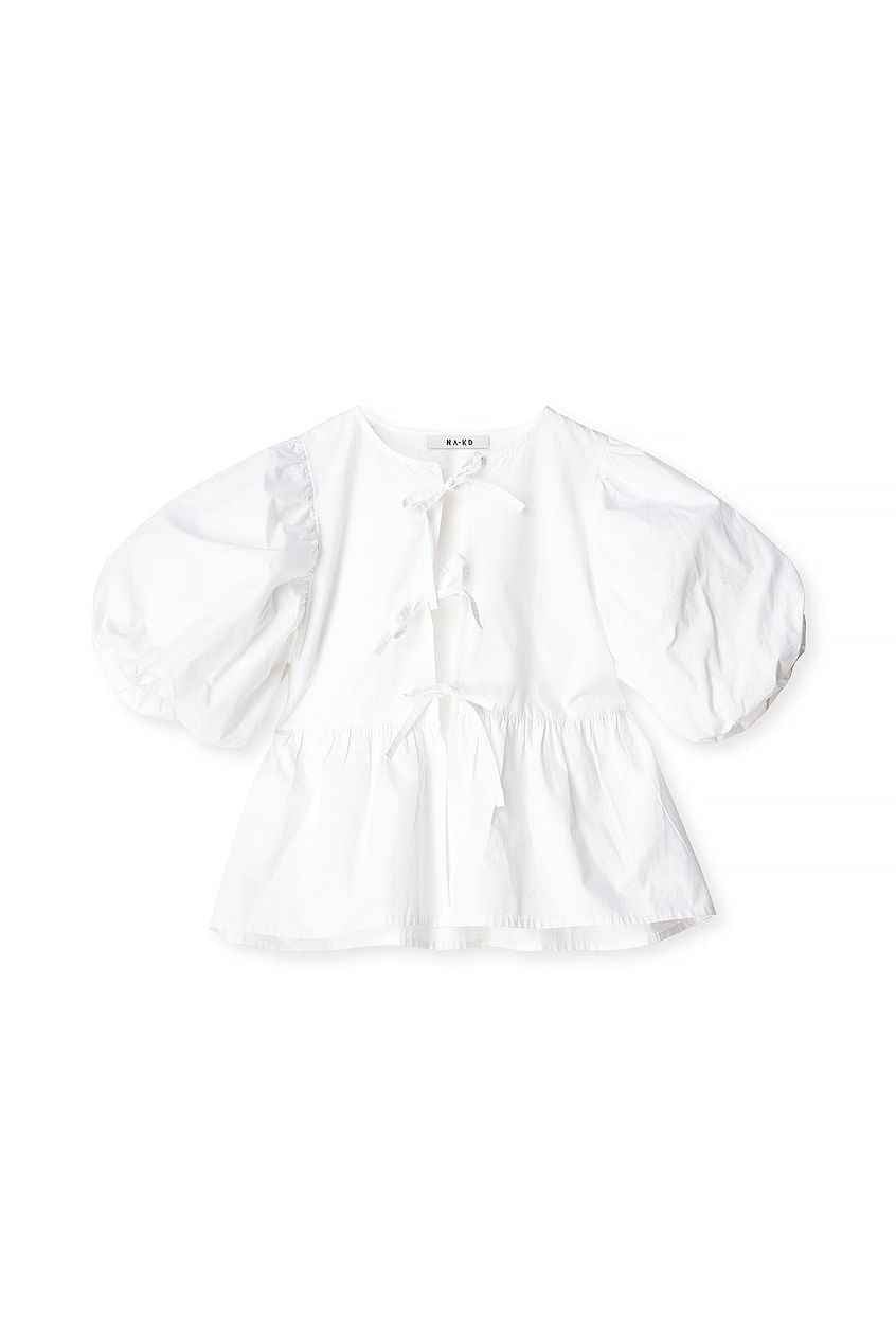 Cotton Puff Sleeve Tie Front Blouse