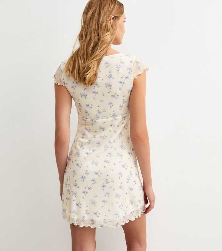 New Look - Cream Floral Print V-Neck Mesh Micro Mini Dress
