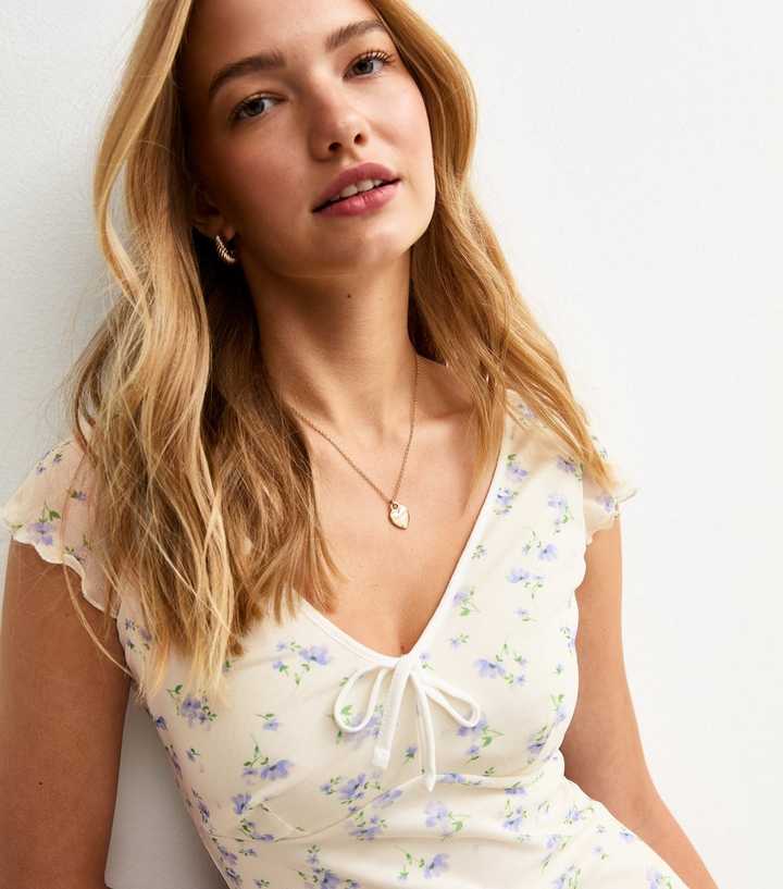 New Look - Cream Floral Print V-Neck Mesh Micro Mini Dress