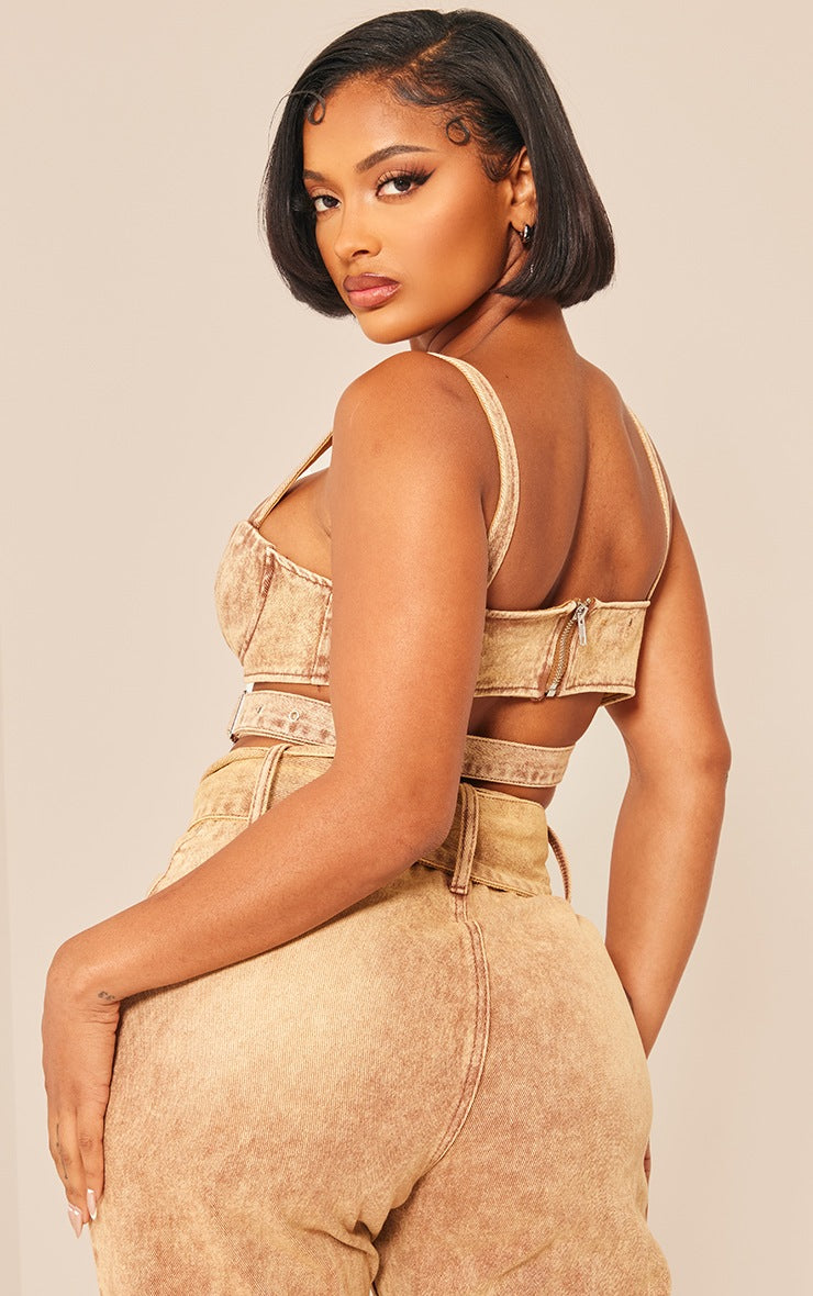 Shape Brown Washed Denim Tie Detail Bralet