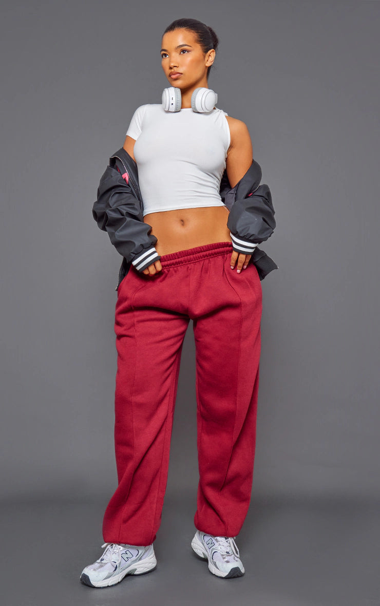 Cherry Red Pintuck Detail Oversized Joggers