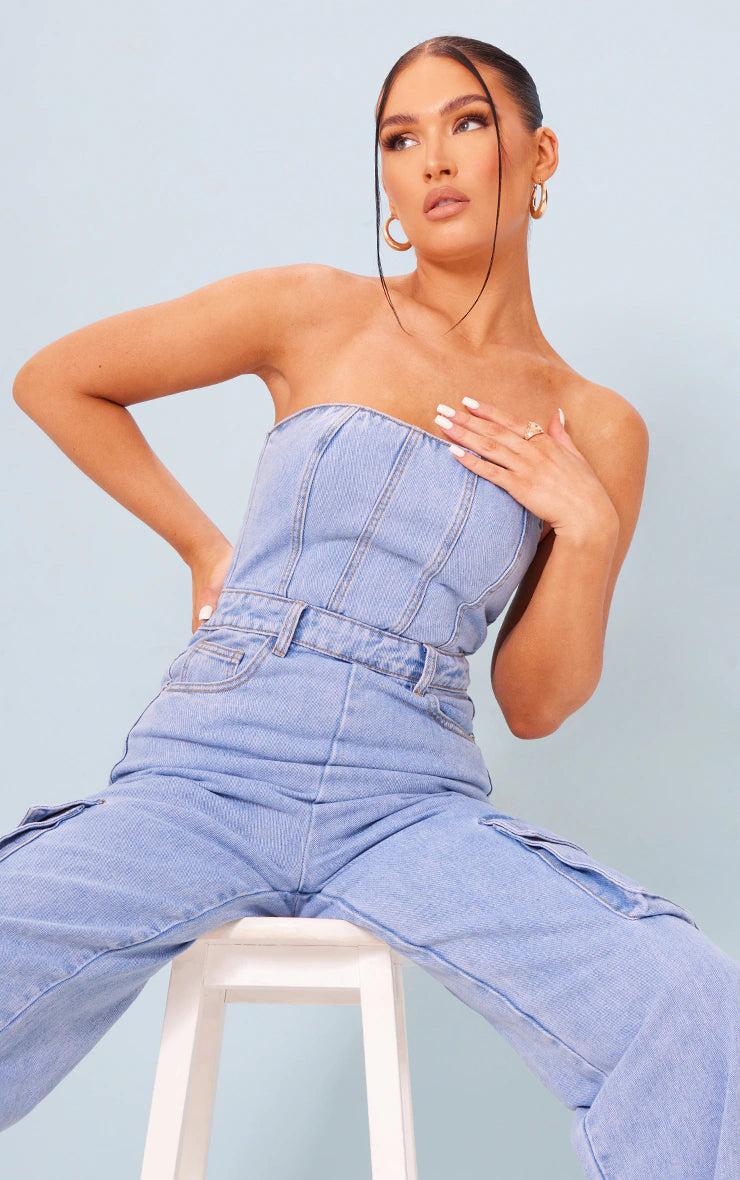 LIGHT BLUE WASH CARGO POCKET BANDEAU DENIM JUMPSUIT