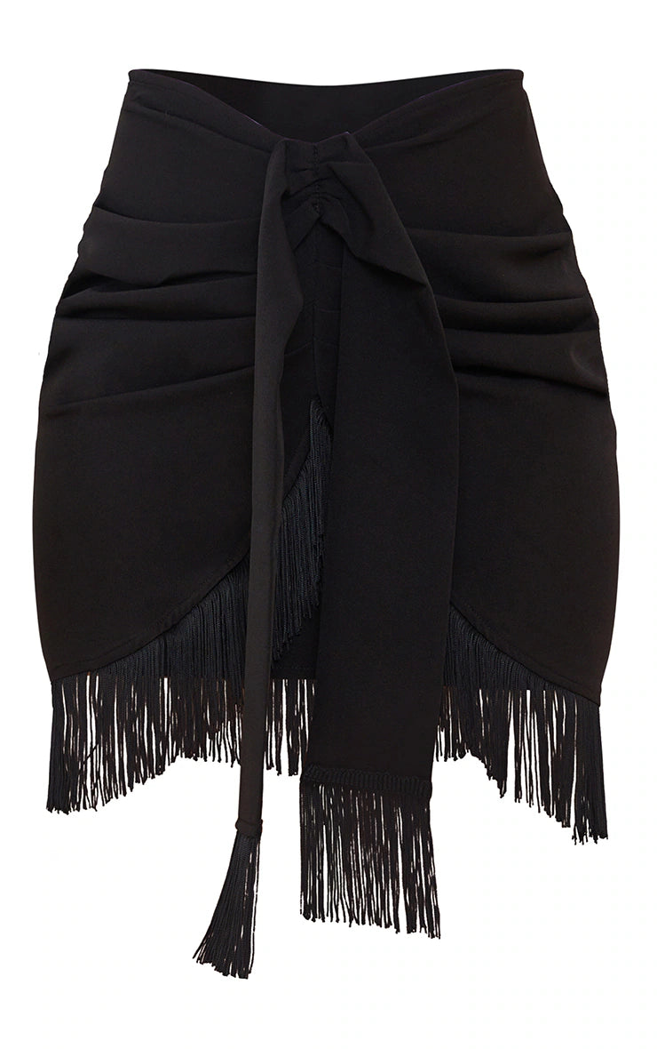 Black Woven Tassel Wrap Skirt