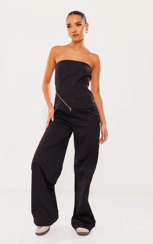 BLACK WOVEN POCKET DETAIL BANDEAU JUMPSUIT