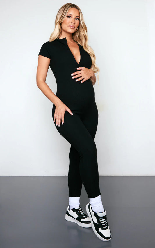 Maternity Black Rib Collar Short Sleeve Jumpsuit